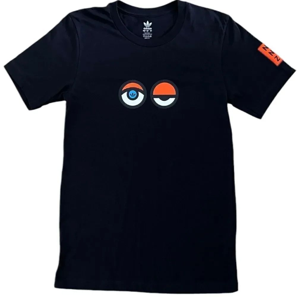 ADIDAS Women's Black T-Shirt With Unique Stylized Eyes Graphic Design Size S